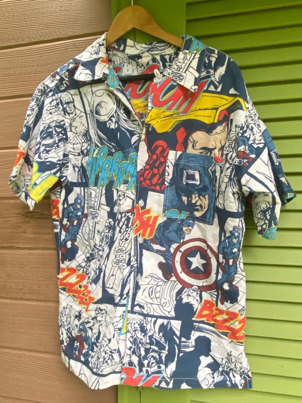 MENS Vint. Upcycled Captain America w/Hulk/Thor/Black Widow Shirt-Size 40 Chest